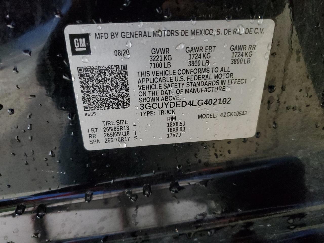 2020 Chevrolet Silverado K1500 Lt VIN: 3GCUYDED4LG402102 Lot: 70052844