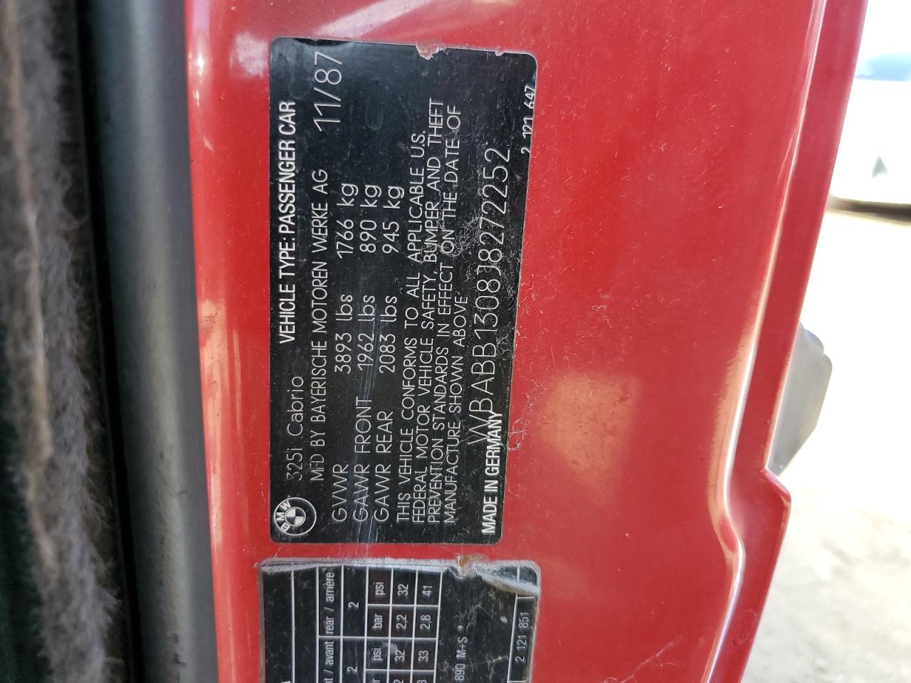 1988 BMW 325 I VIN: WBABB1308J8272252 Lot: 72989154