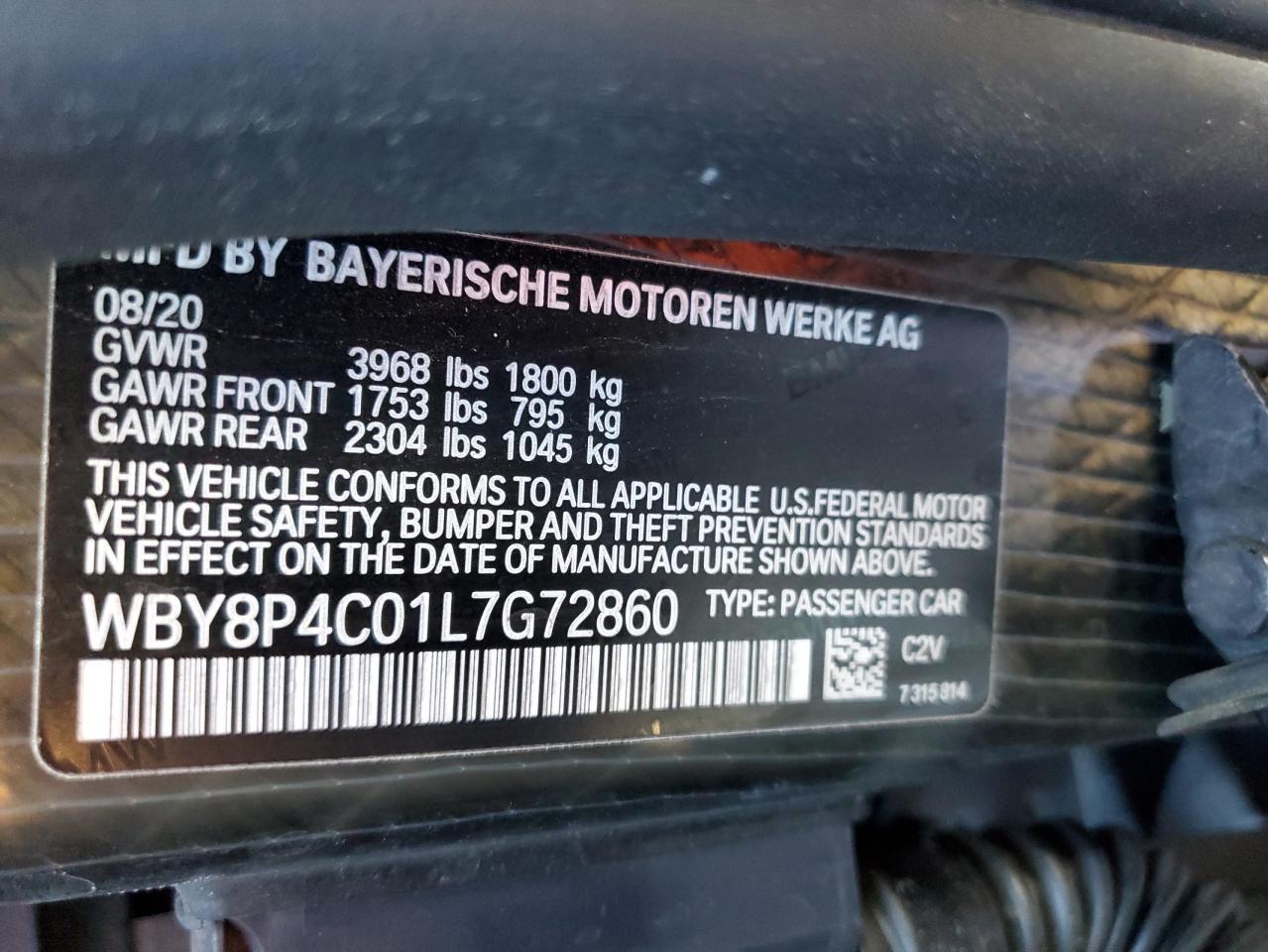 2020 BMW I3 Rex VIN: WBY8P4C01L7G72860 Lot: 70671044