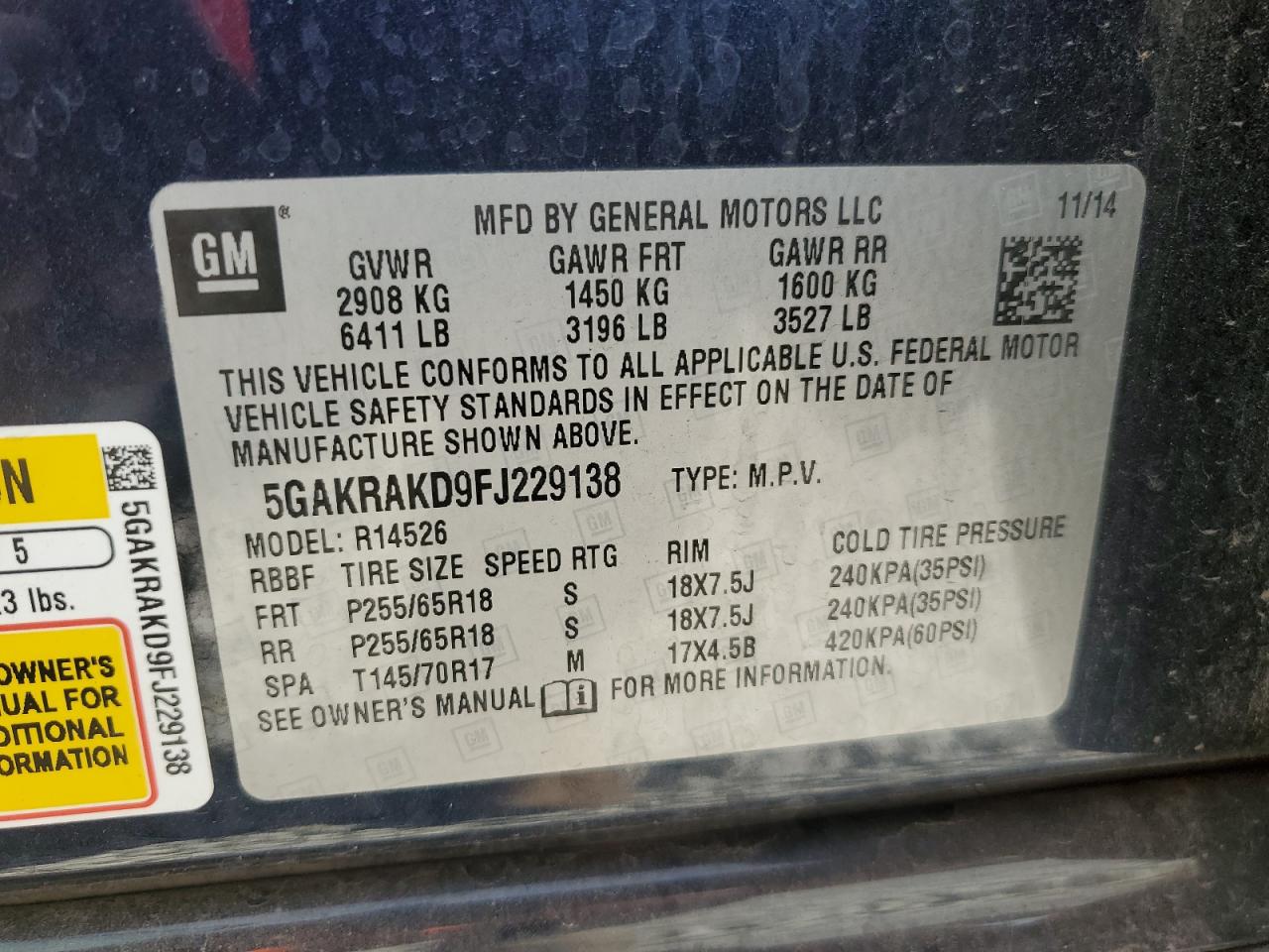 5GAKRAKD9FJ229138 2015 Buick Enclave