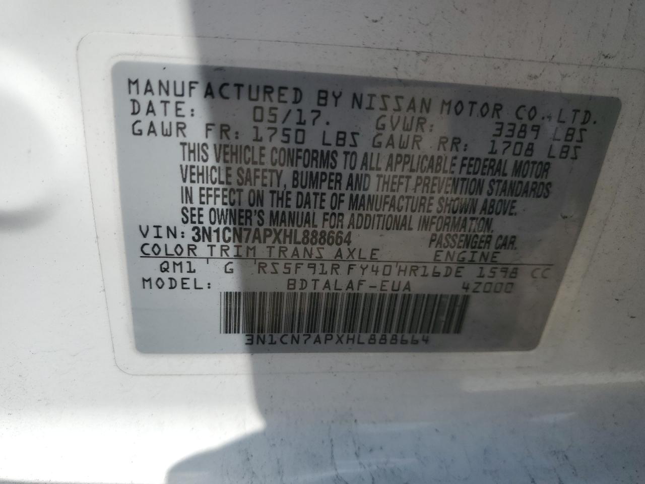 3N1CN7APXHL888664 2017 Nissan Versa S