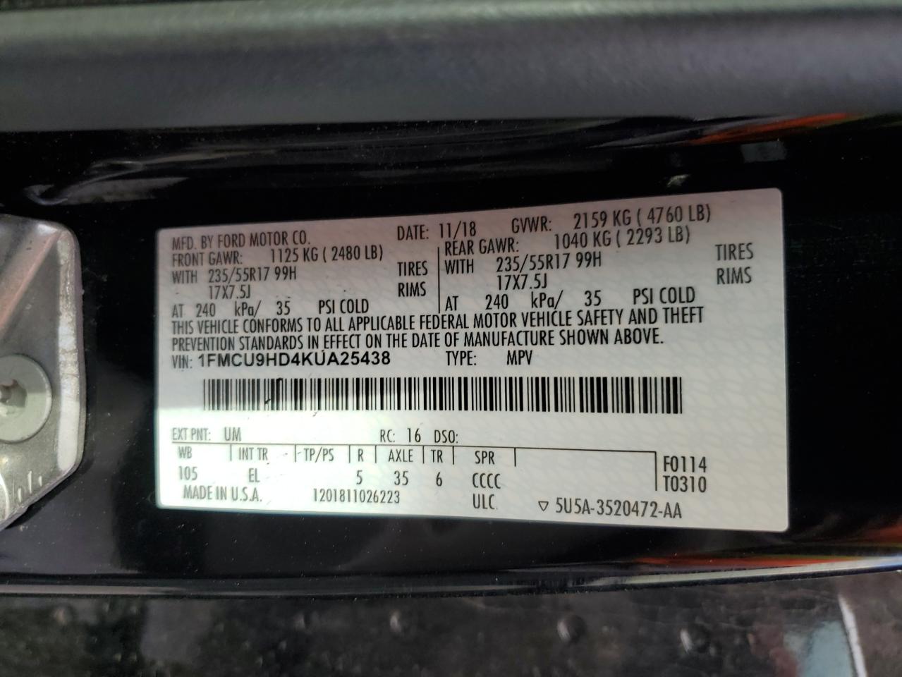 1FMCU9HD4KUA25438 2019 Ford Escape Sel