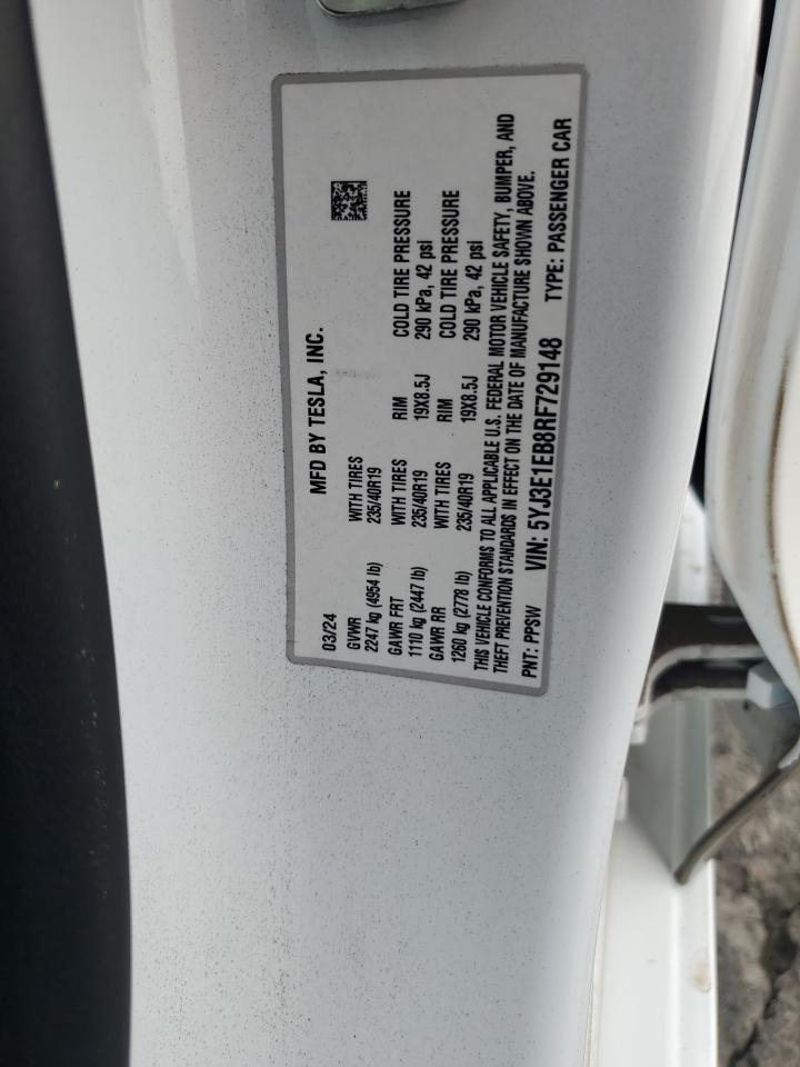 5YJ3E1EB8RF729148 2024 Tesla Model 3