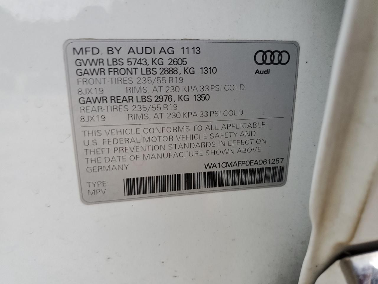 2014 Audi Q5 Tdi Premium Plus VIN: WA1CMAFP0EA061257 Lot: 72692284