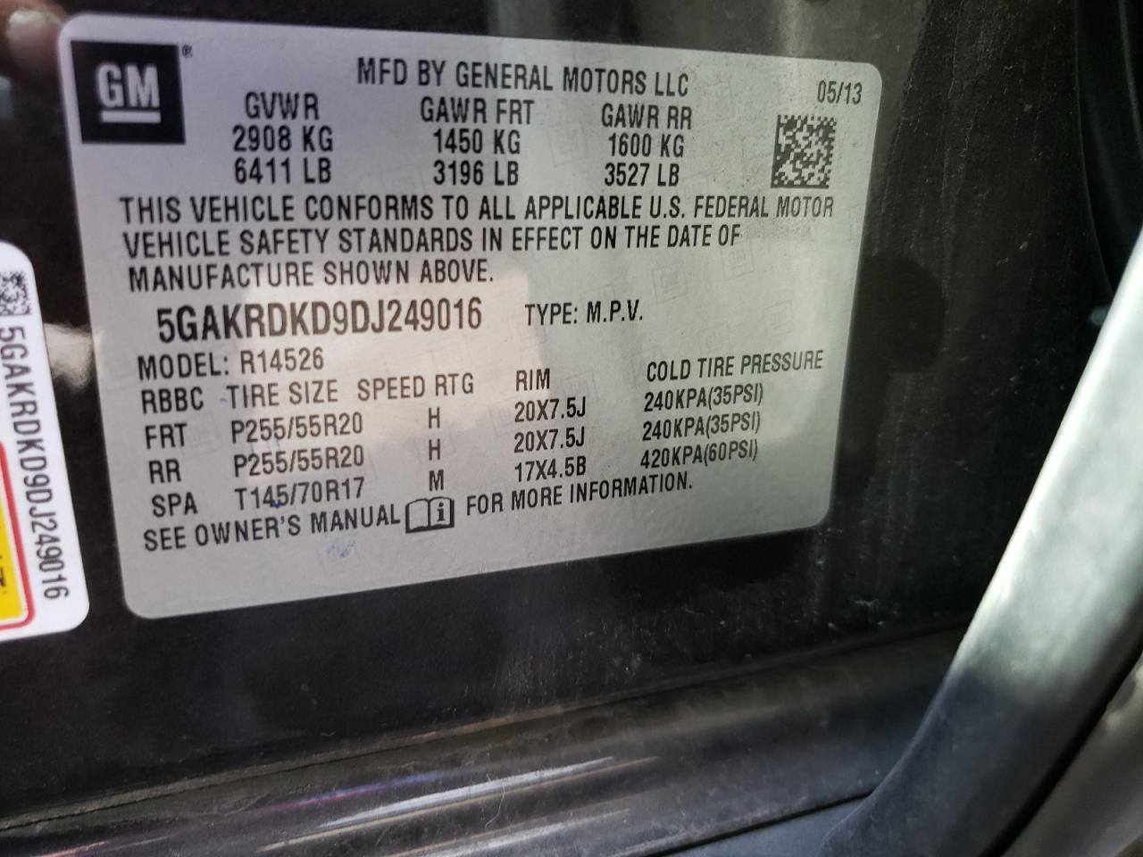 5GAKRDKD9DJ249016 2013 Buick Enclave