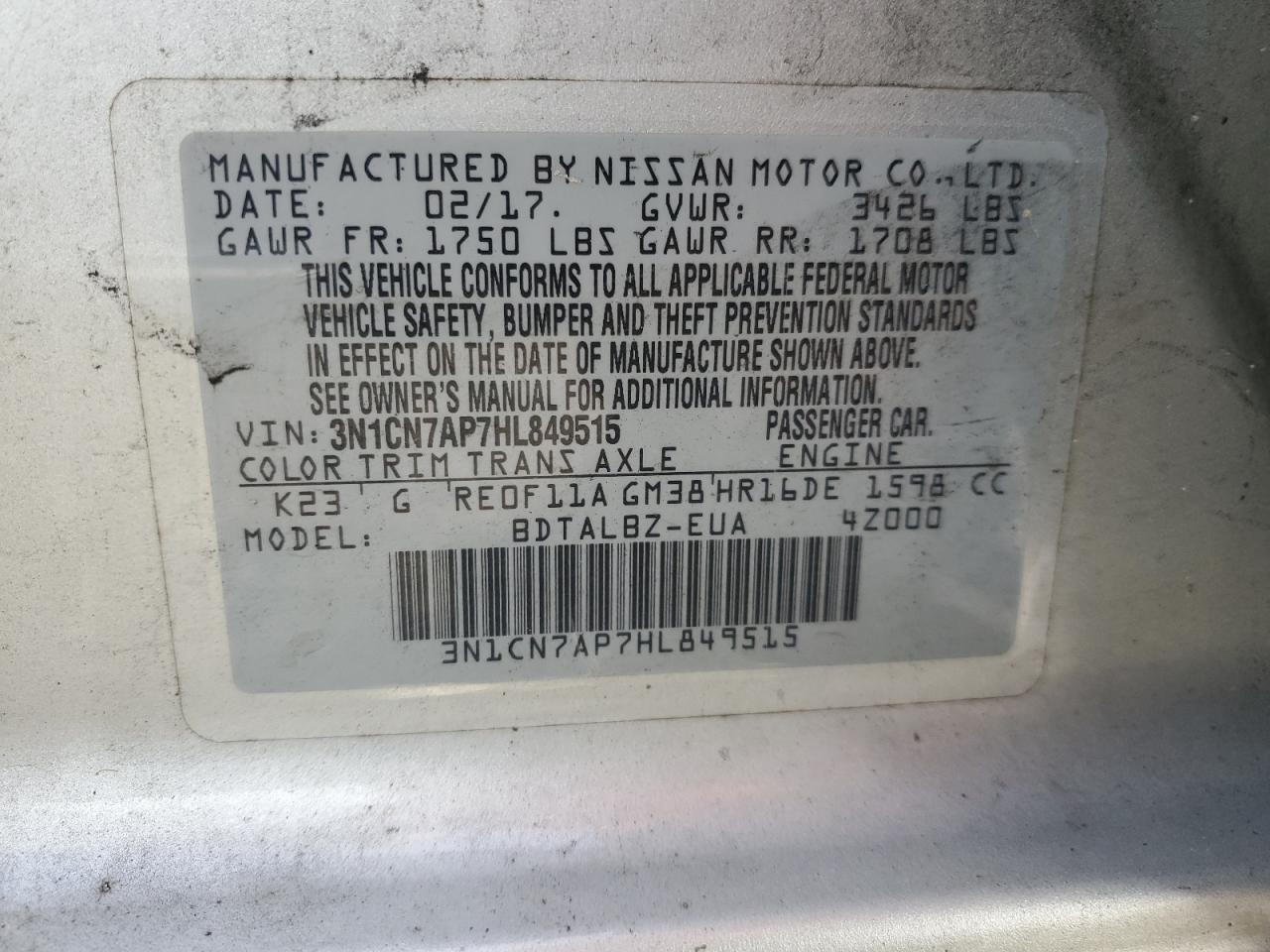 3N1CN7AP7HL849515 2017 Nissan Versa S