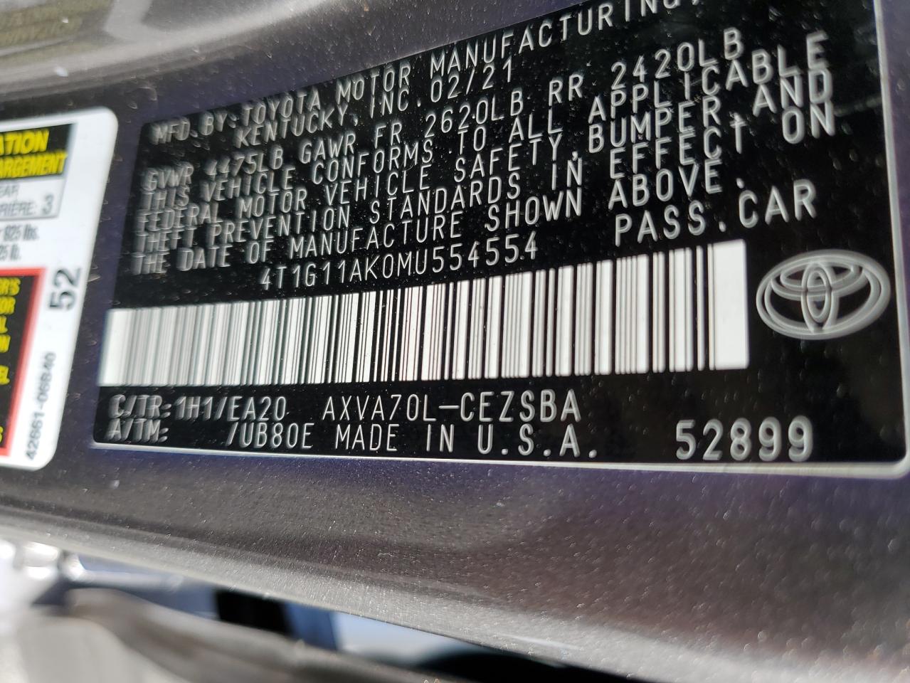 4T1G11AK0MU554554 2021 Toyota Camry Se