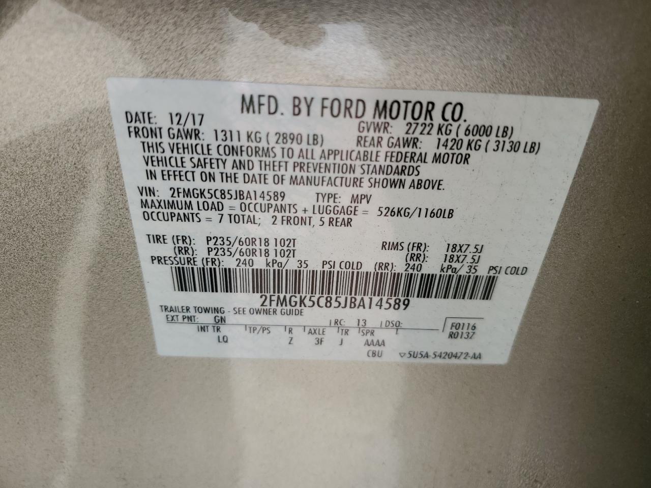 2FMGK5C85JBA14589 2018 Ford Flex Sel