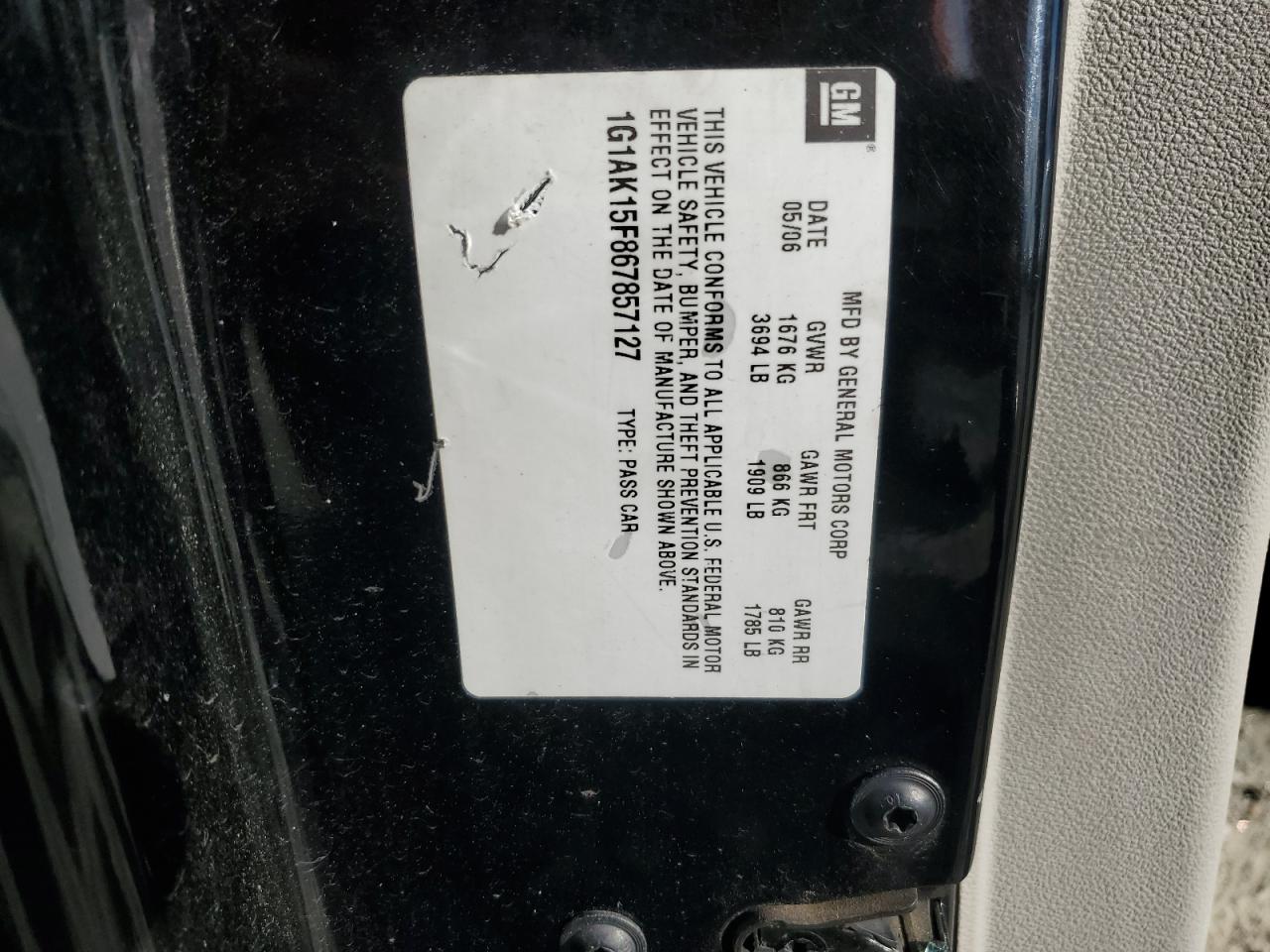 1G1AK15F867857127 2006 Chevrolet Cobalt Ls