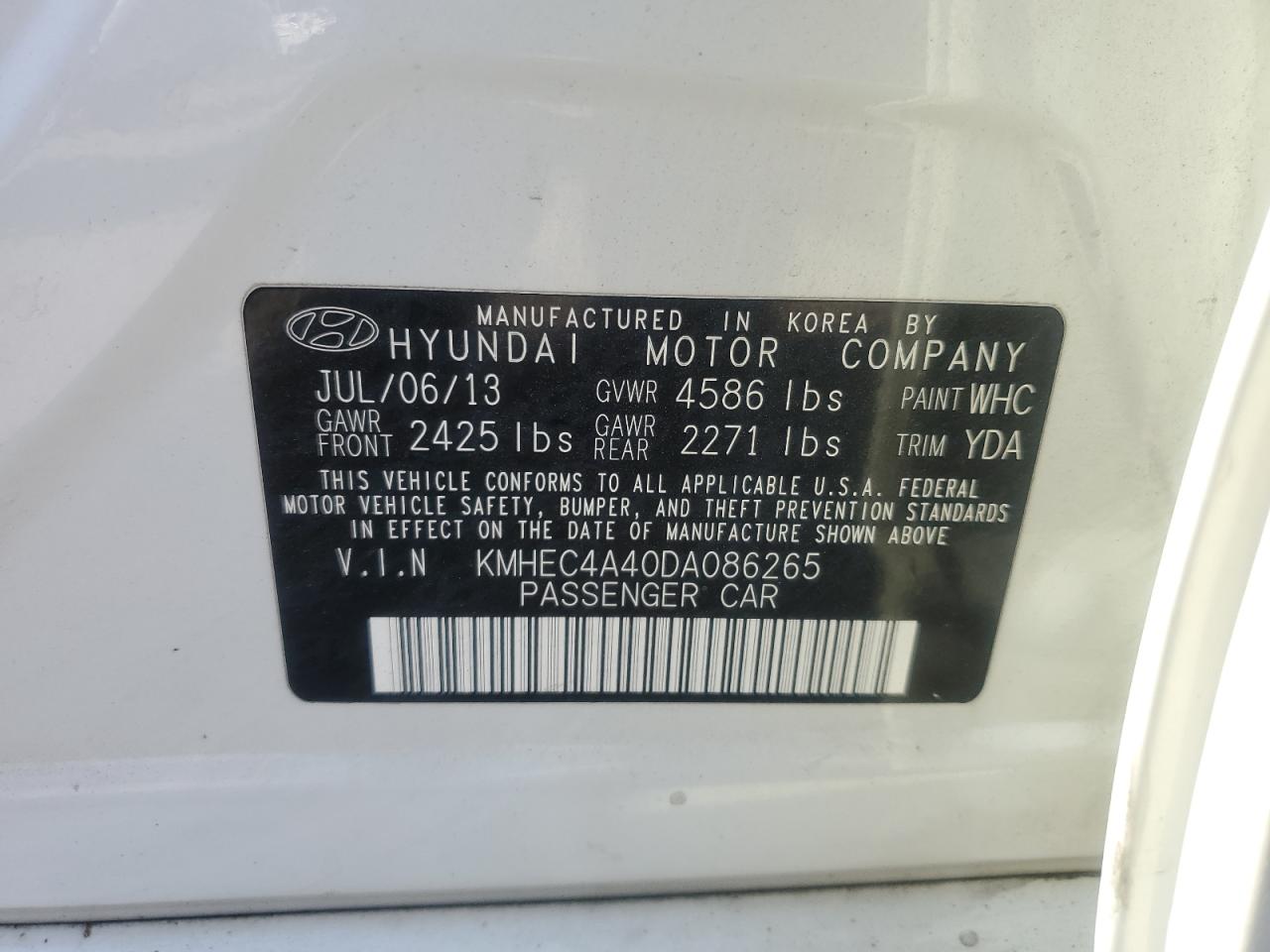 2013 Hyundai Sonata Hybrid VIN: KMHEC4A40DA086265 Lot: 69924084