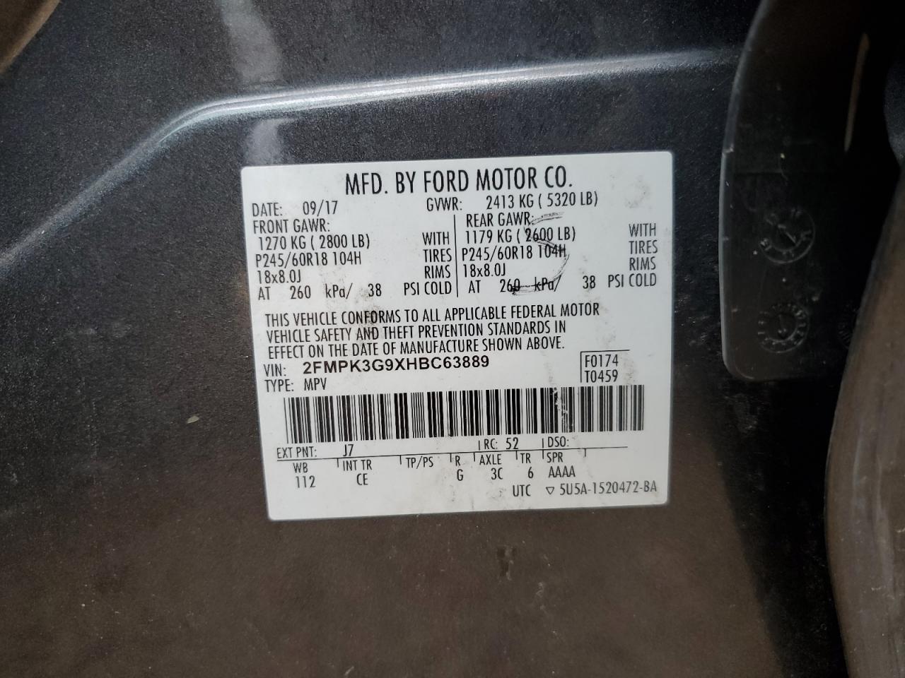 2017 Ford Edge Se VIN: 2FMPK3G9XHBC63889 Lot: 71300844