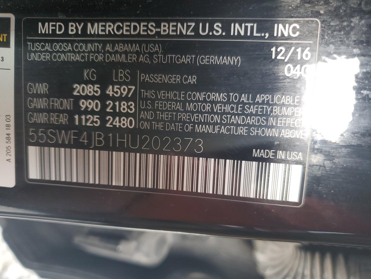 55SWF4JB1HU202373 2017 Mercedes-Benz C 300