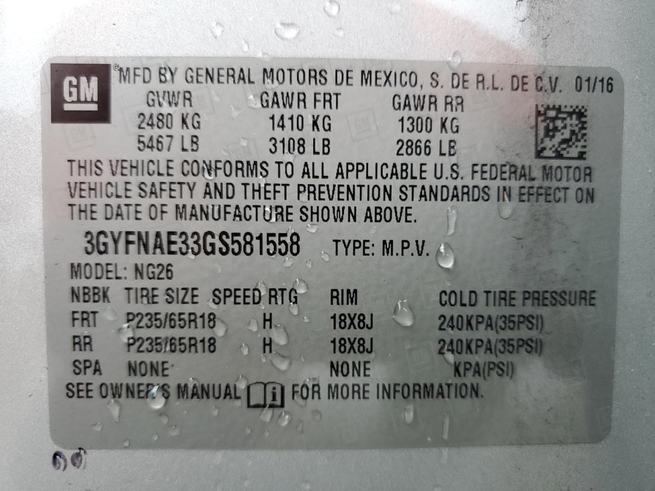 3GYFNAE33GS581558 2016 Cadillac Srx