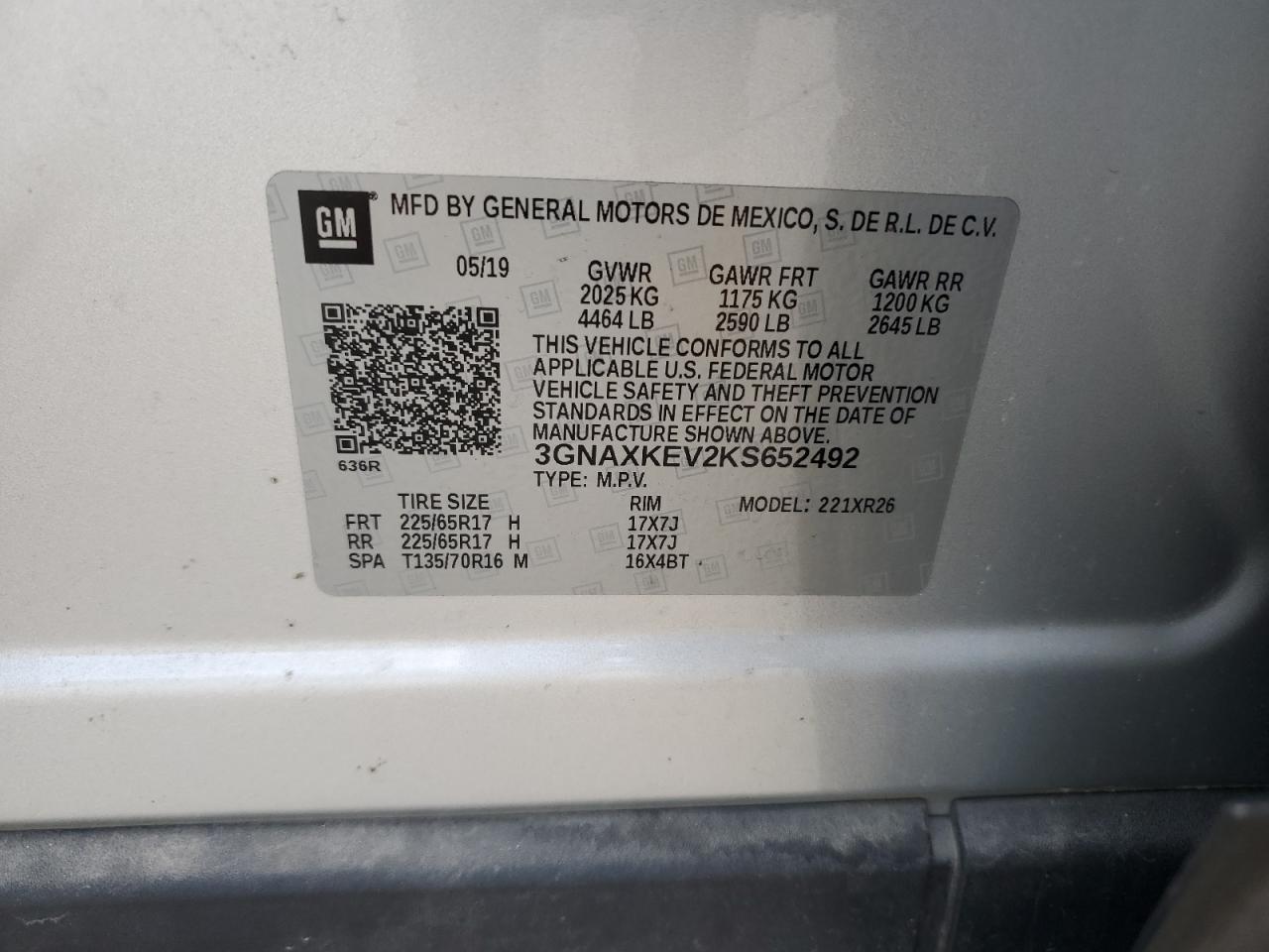 3GNAXKEV2KS652492 2019 Chevrolet Equinox Lt