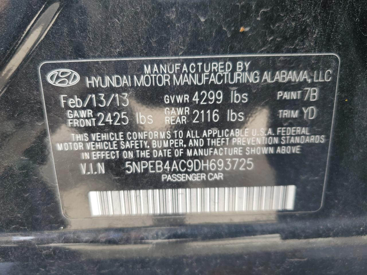 2013 Hyundai Sonata Gls VIN: 5NPEB4AC9DH693725 Lot: 70807194