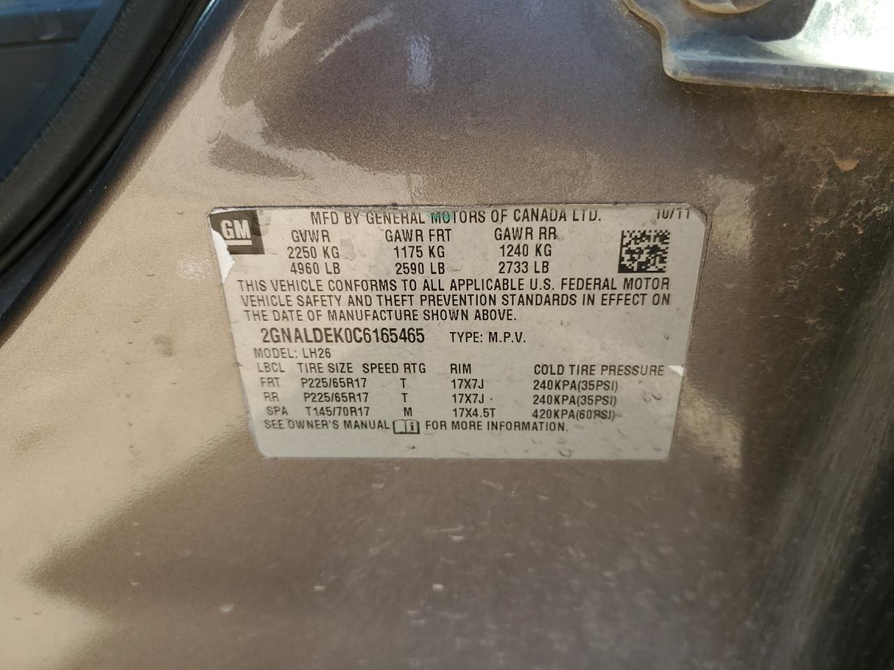 2GNALDEK0C6165465 2012 Chevrolet Equinox Lt