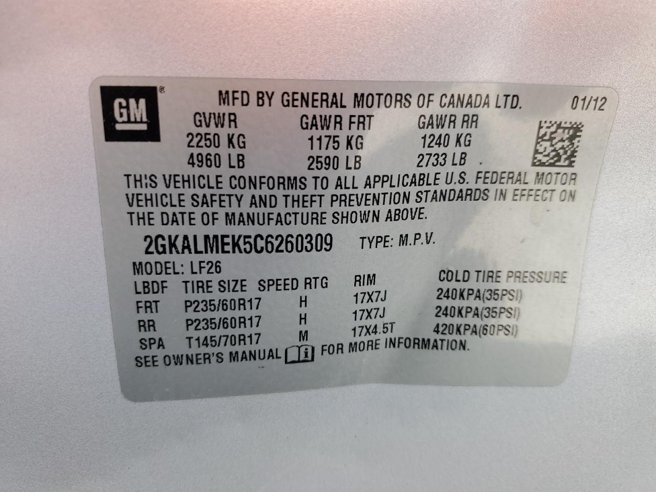 2012 GMC Terrain Sle VIN: 2GKALMEK5C6260309 Lot: 69510184