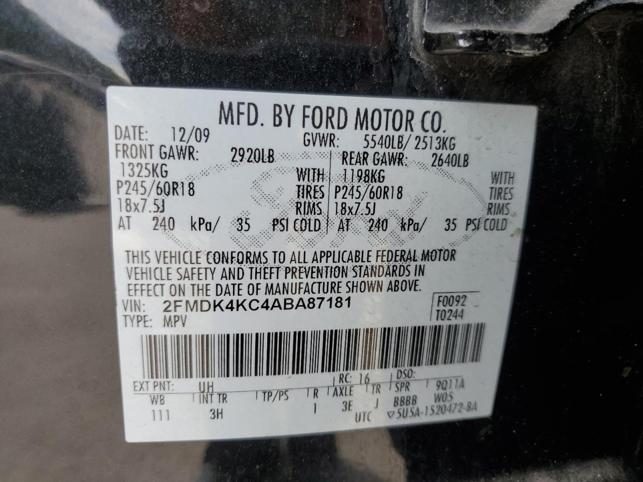 2FMDK4KC4ABA87181 2010 Ford Edge Limited