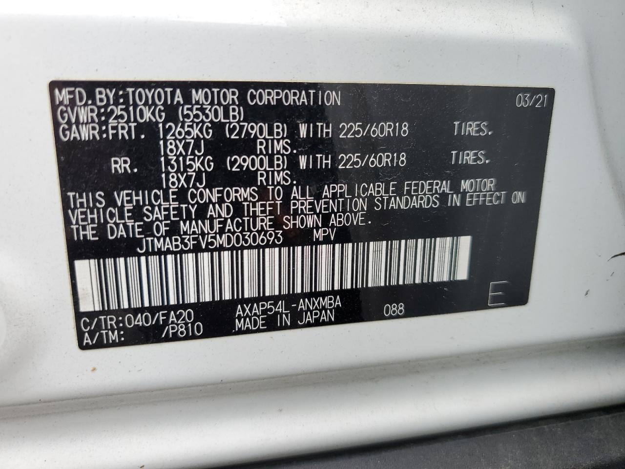 JTMAB3FV5MD030693 2021 Toyota Rav4 Prime Se