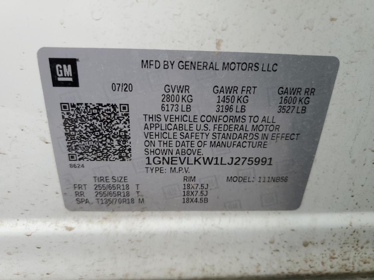 1GNEVLKW1LJ275991 2020 Chevrolet Traverse Ls