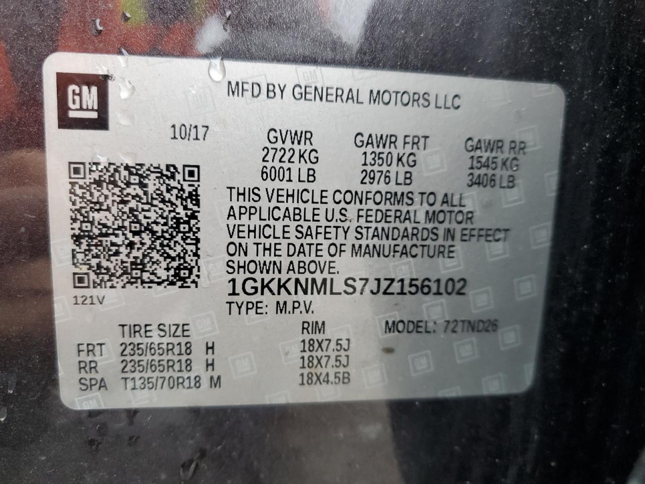 1GKKNMLS7JZ156102 2018 GMC Acadia Slt-1