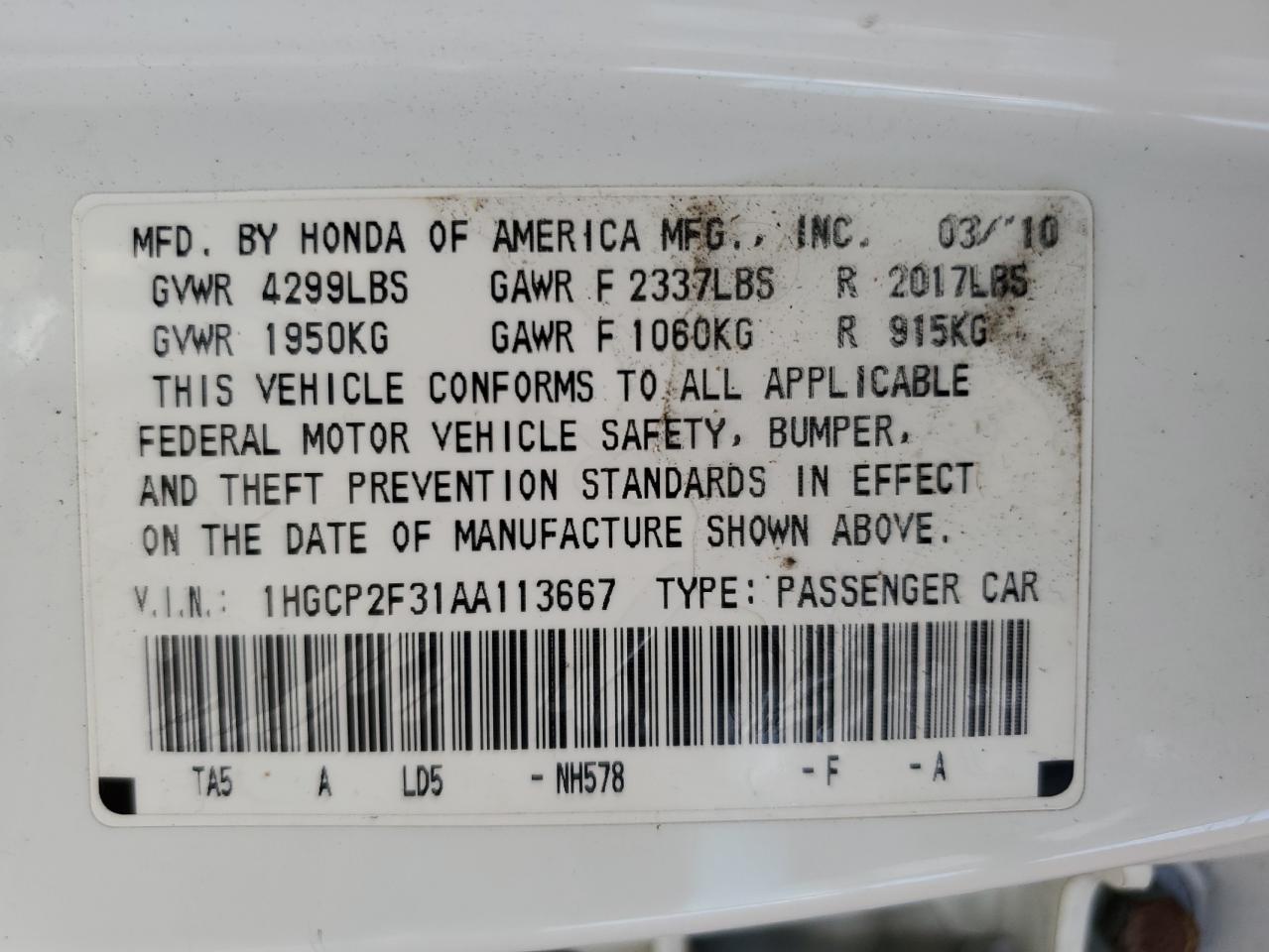 1HGCP2F31AA113667 2010 Honda Accord Lx