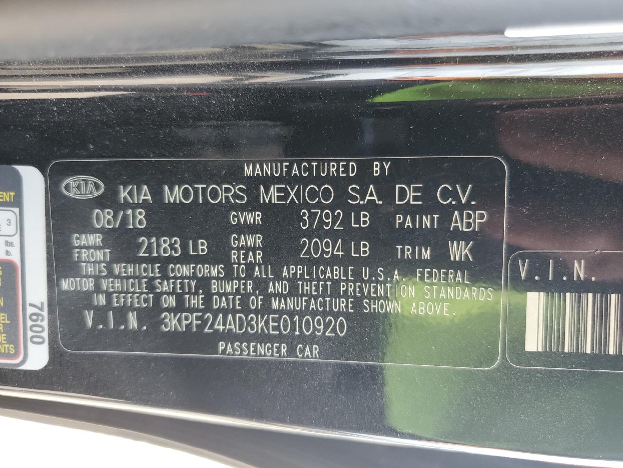 3KPF24AD3KE010920 2019 Kia Forte Fe