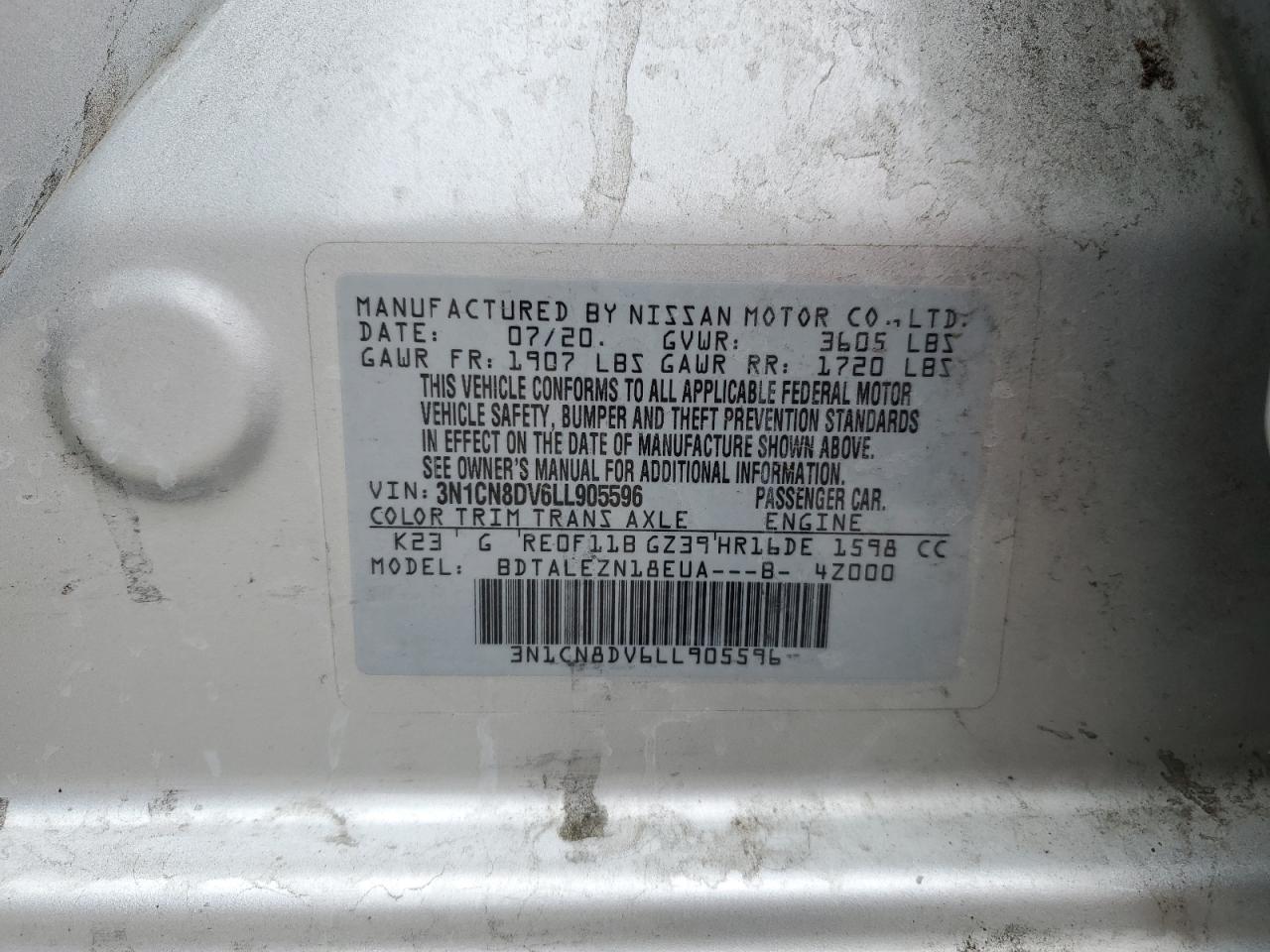 3N1CN8DV6LL905596 2020 Nissan Versa S