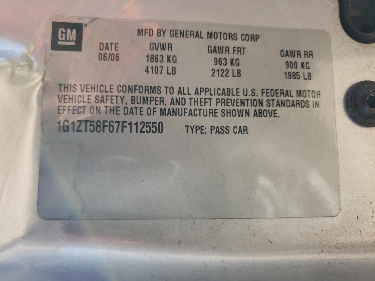 2007 Chevrolet Malibu Lt VIN: 1G1ZT58F67F112550 Lot: 71235294