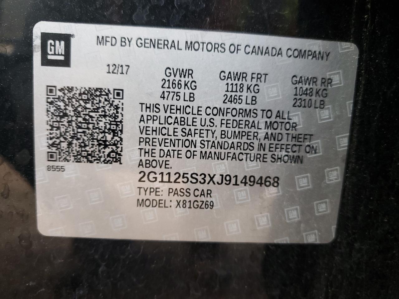 2G1125S3XJ9149468 2018 Chevrolet Impala Premier