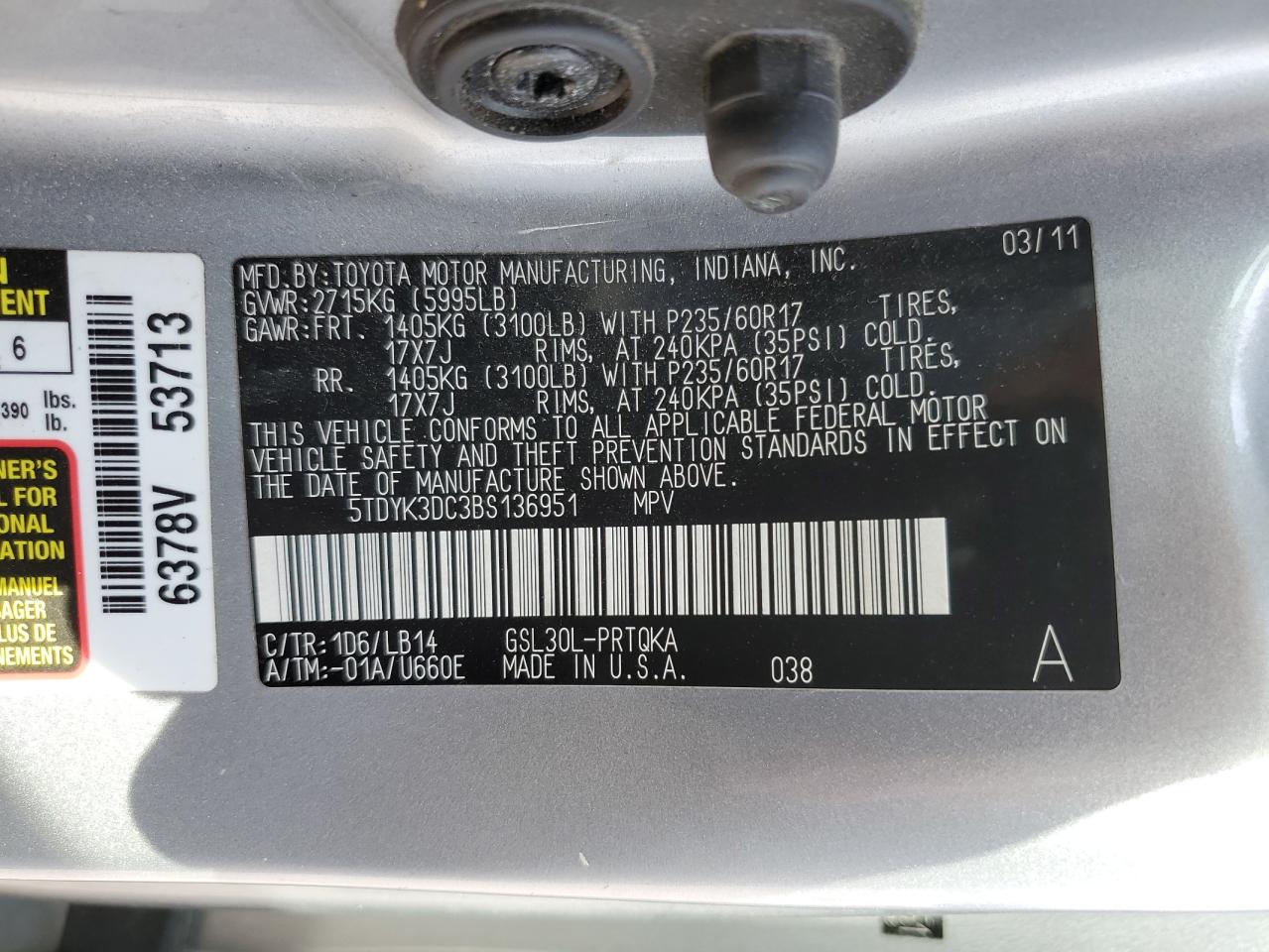 5TDYK3DC3BS136951 2011 Toyota Sienna Xle