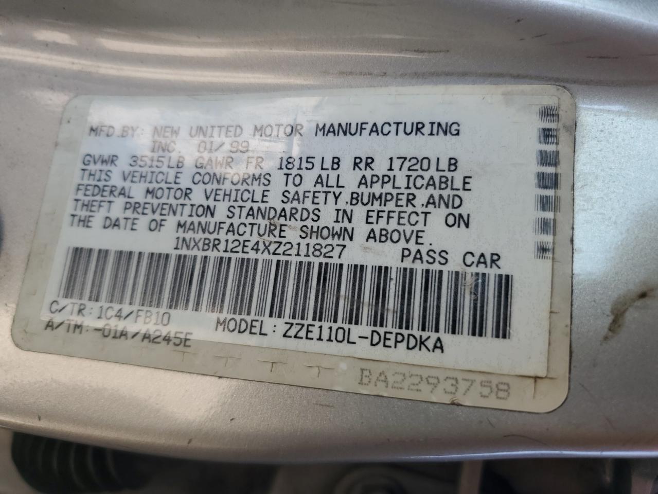 1999 Toyota Corolla Ve VIN: 1NXBR12E4XZ211827 Lot: 69892354