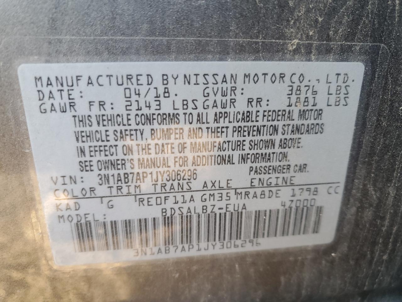 3N1AB7AP1JY306296 2018 Nissan Sentra S