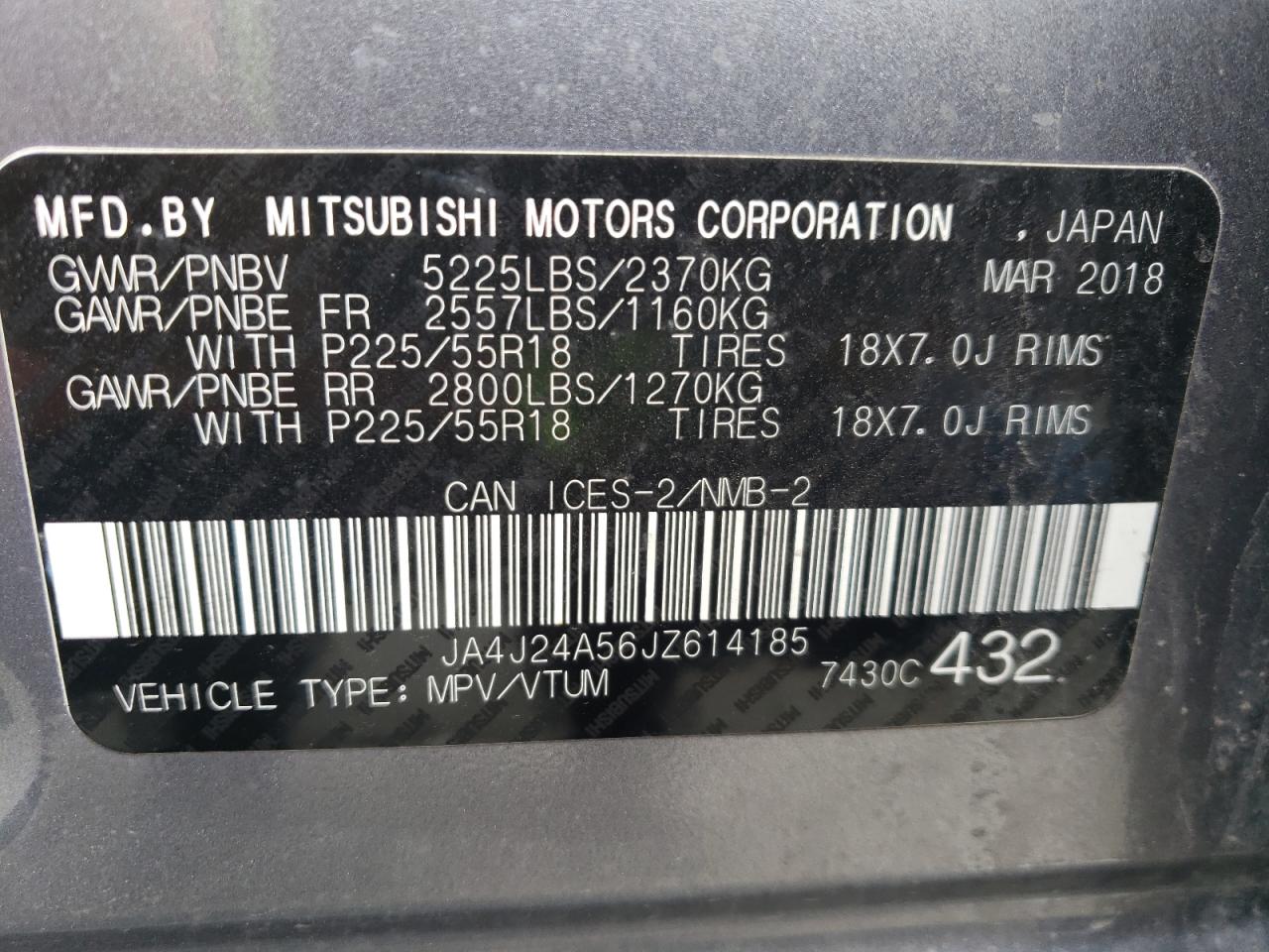 JA4J24A56JZ614185 2018 Mitsubishi Outlander Se