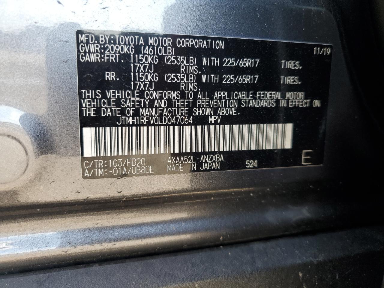 JTMH1RFV0LD047064 2020 Toyota Rav4 Le