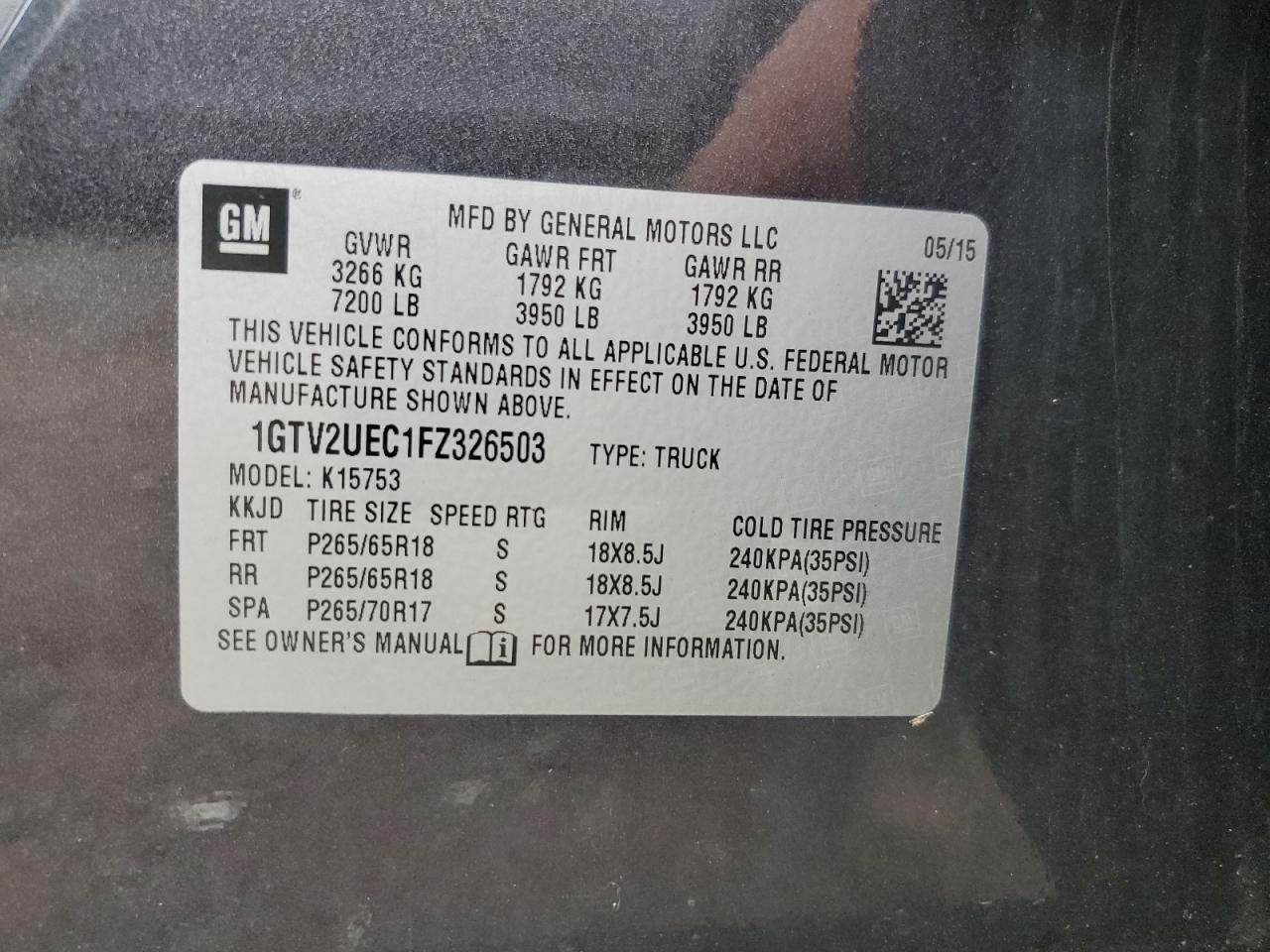 1GTV2UEC1FZ326503 2015 GMC Sierra K1500 Sle