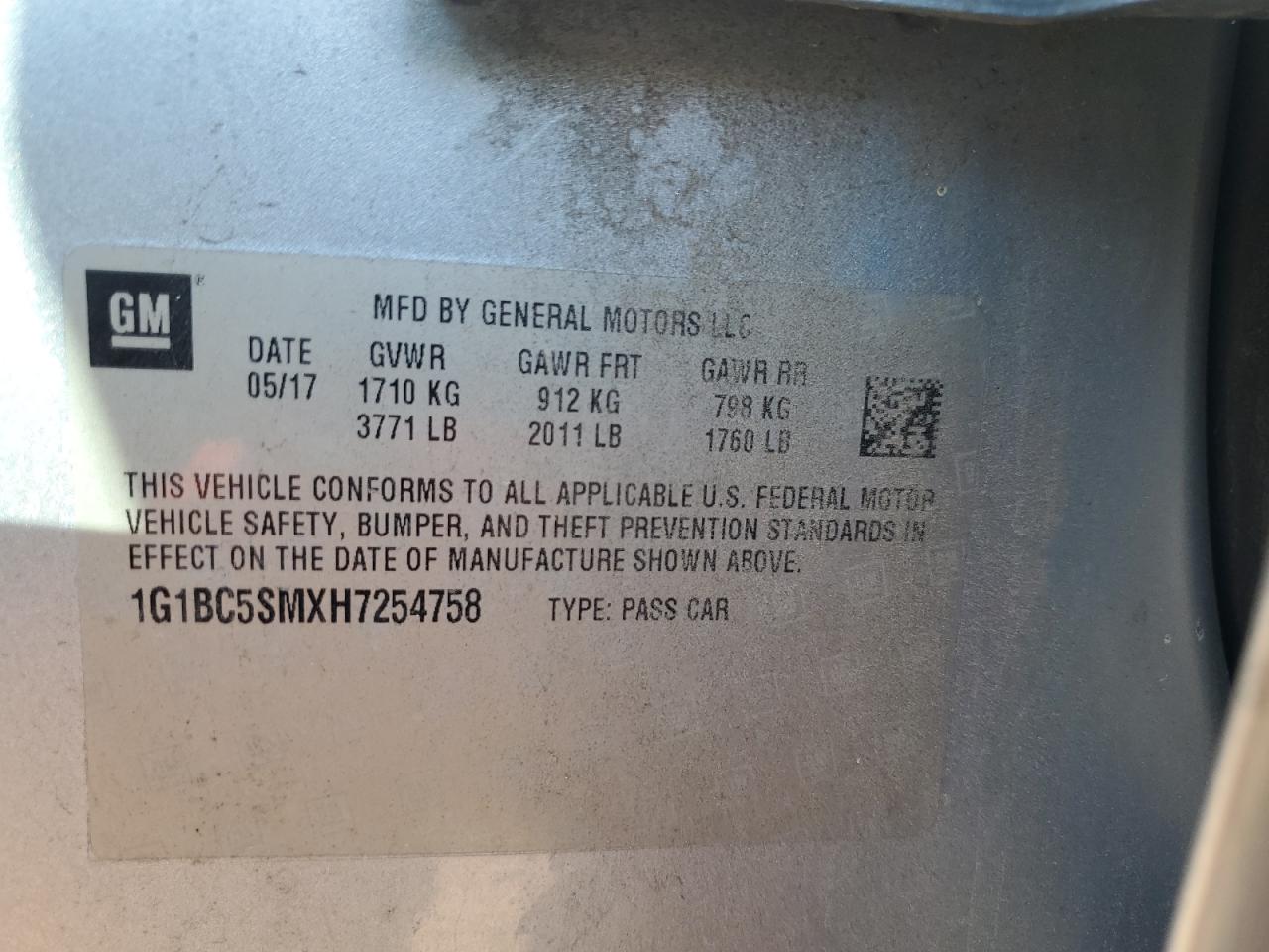 2017 Chevrolet Cruze Ls VIN: 1G1BC5SMXH7254758 Lot: 71965694