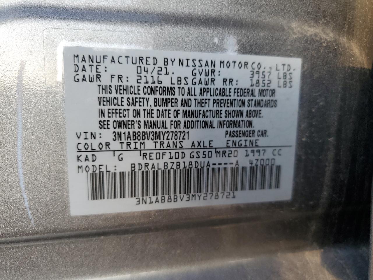 3N1AB8BV3MY278721 2021 Nissan Sentra S