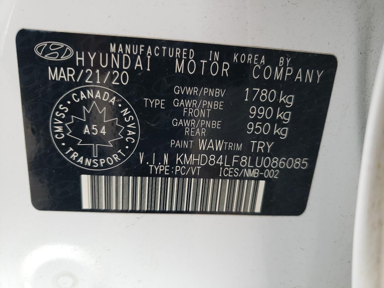 KMHD84LF8LU086085 2020 Hyundai Elantra Sel