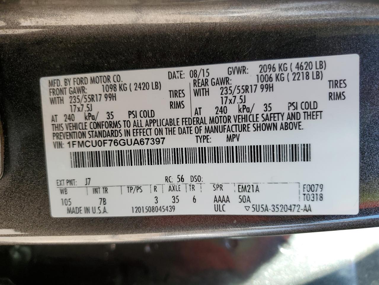 1FMCU0F76GUA67397 2016 FORD ESCAPE - Image 12