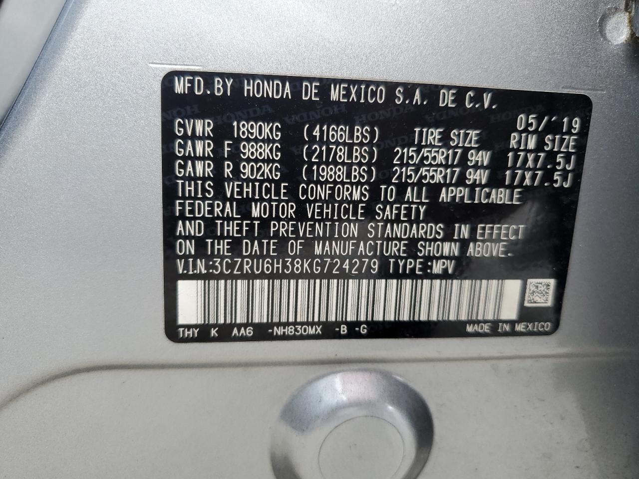 3CZRU6H38KG724279 2019 Honda Hr-V Lx