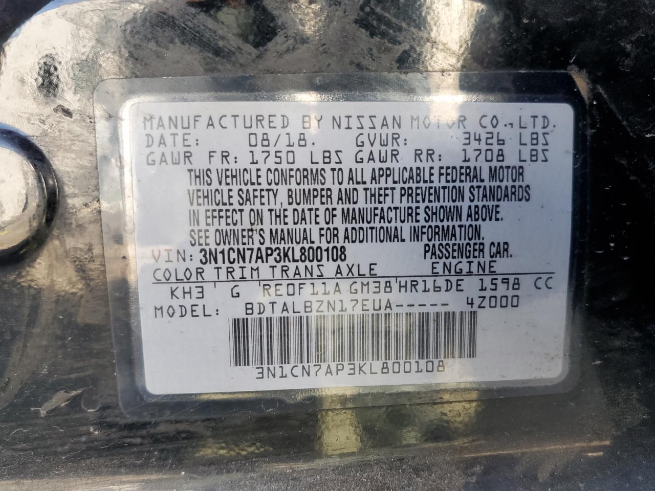 3N1CN7AP3KL800108 2019 Nissan Versa S