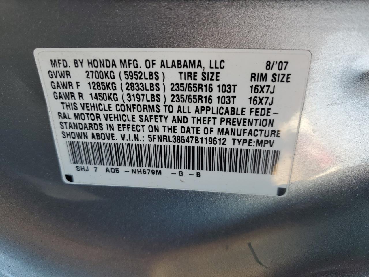 5FNRL38647B119612 2007 Honda Odyssey Exl