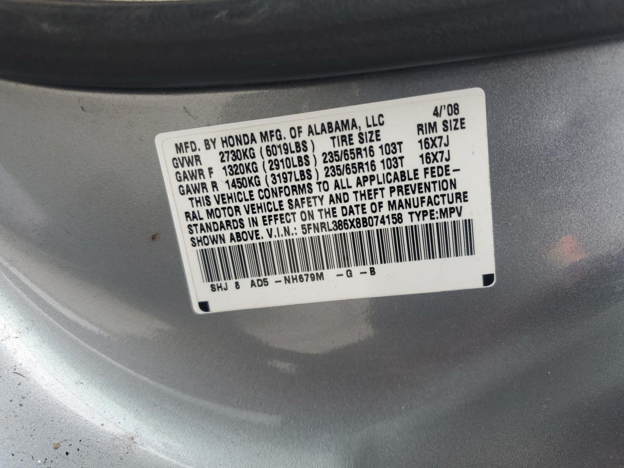 5FNRL386X8B074158 2008 Honda Odyssey Exl