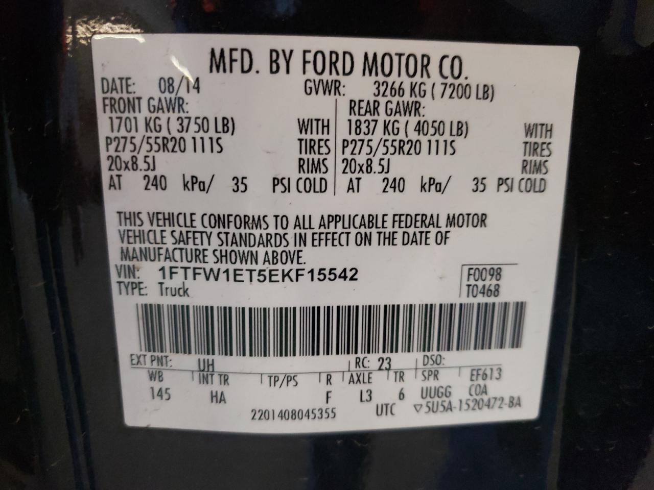 2014 Ford F150 Supercrew VIN: 1FTFW1ET5EKF15542 Lot: 72438244