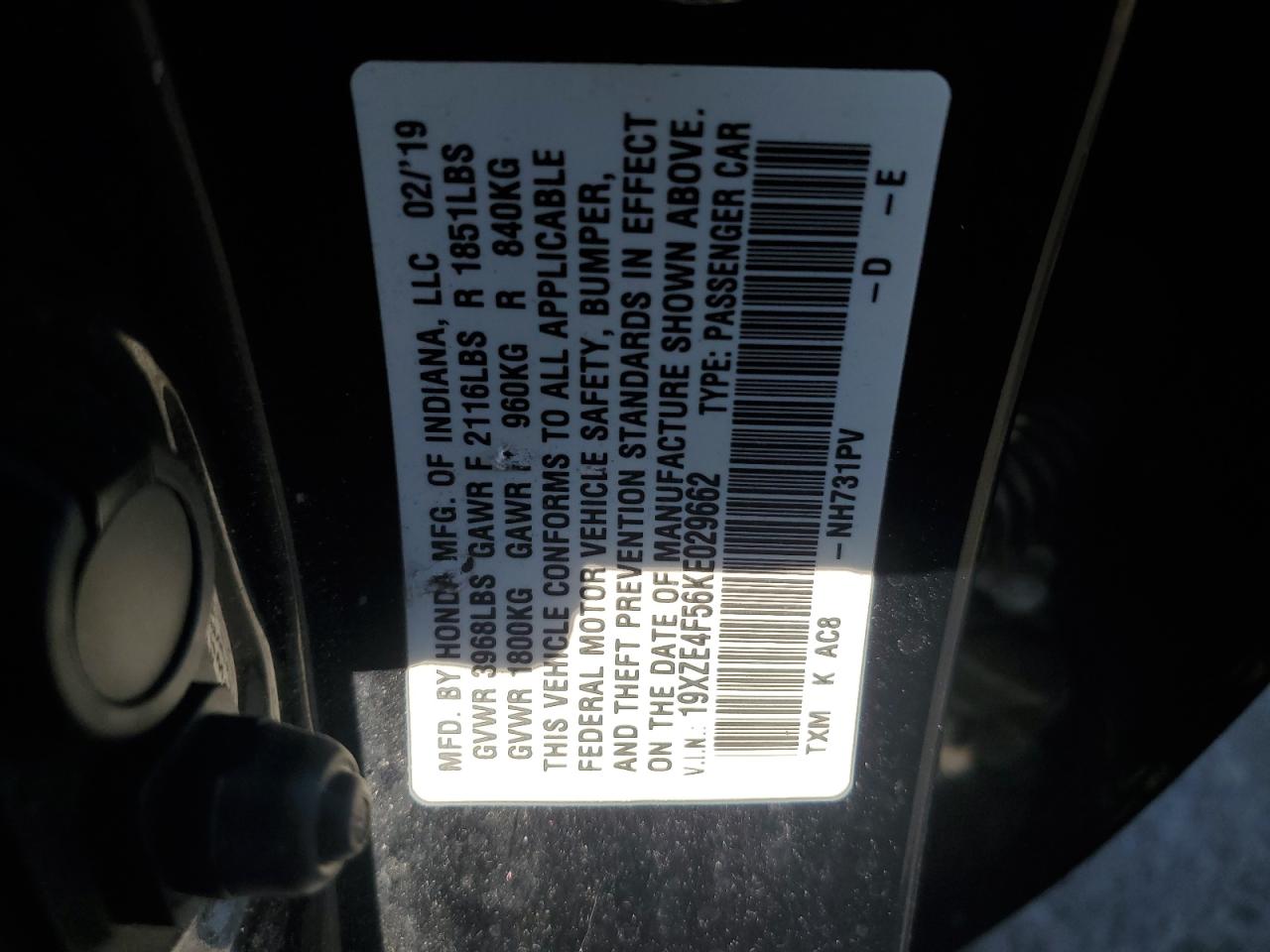 19XZE4F56KE029662 2019 Honda Insight Ex