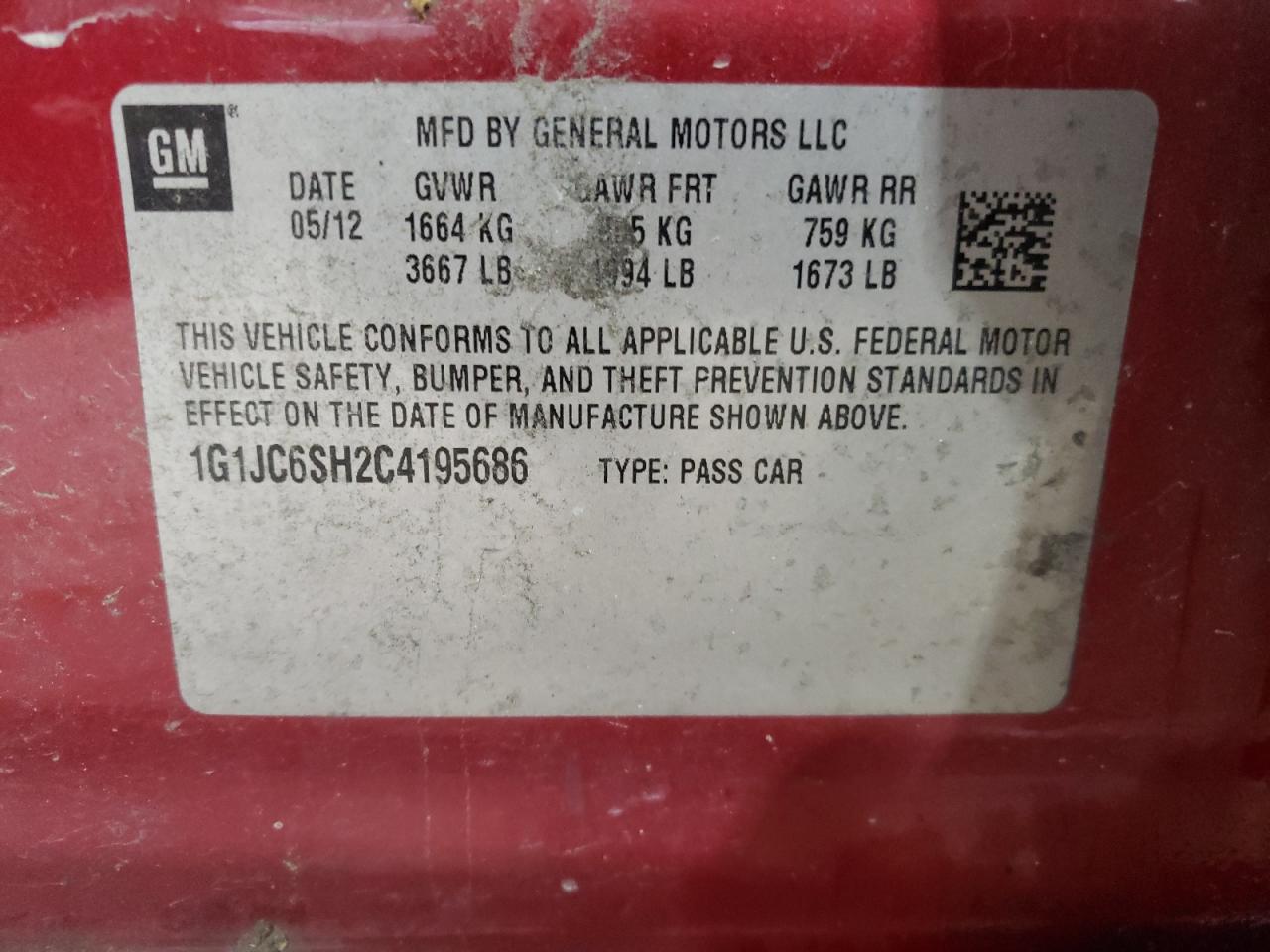 1G1JC6SH2C4195686 2012 Chevrolet Sonic Lt