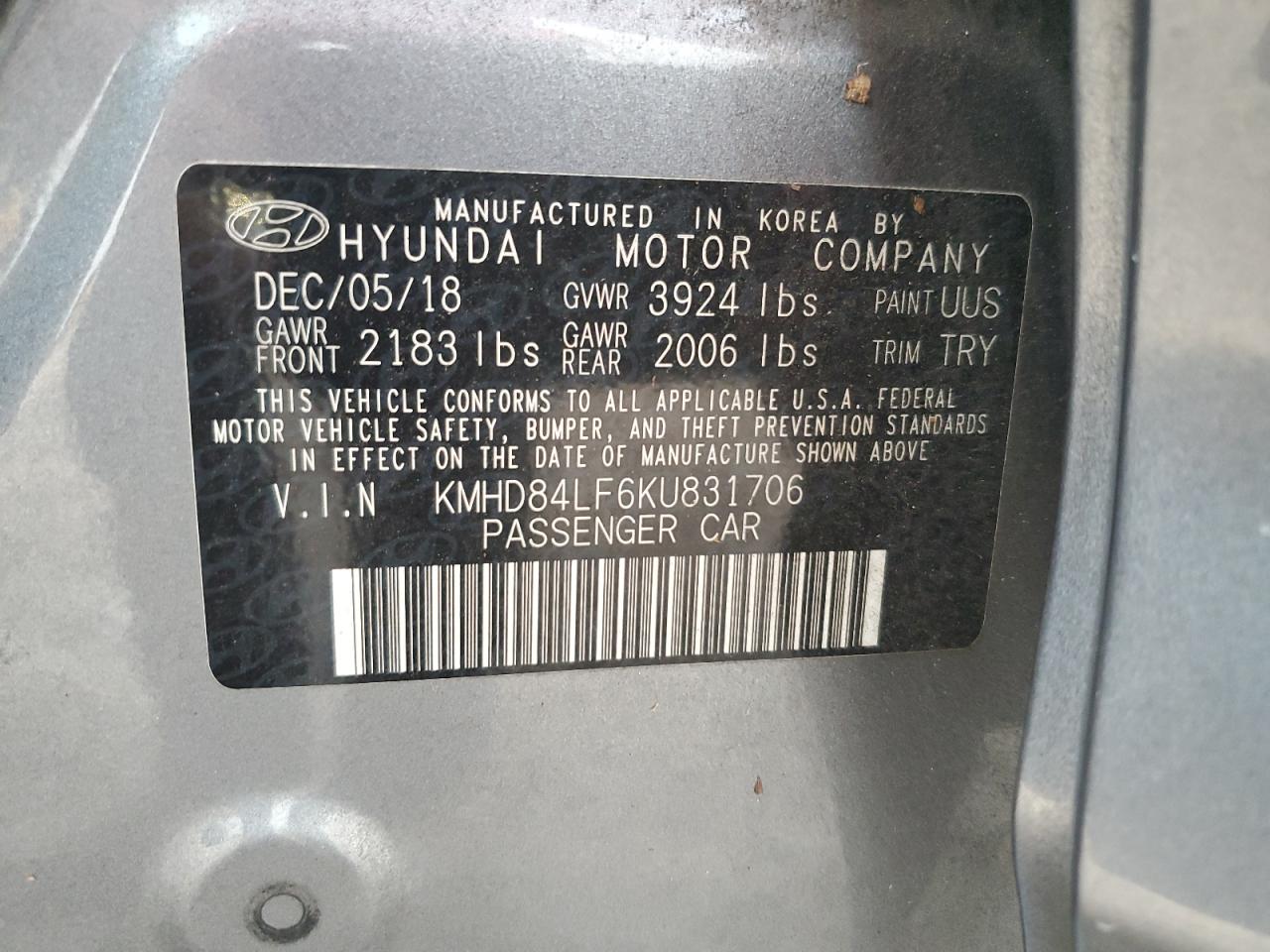 KMHD84LF6KU831706 2019 Hyundai Elantra Sel