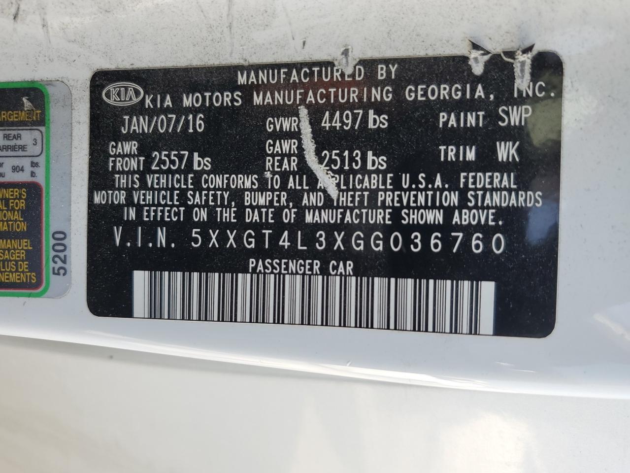 5XXGT4L3XGG036760 2016 KIA OPTIMA - Image 12