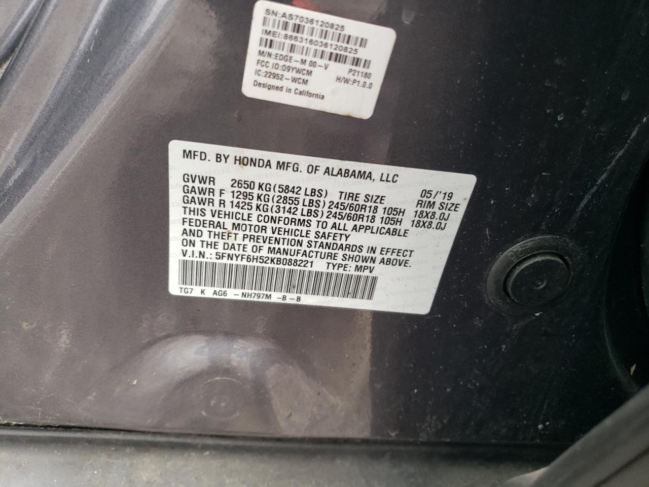 5FNYF6H52KB088221 2019 Honda Pilot Exl